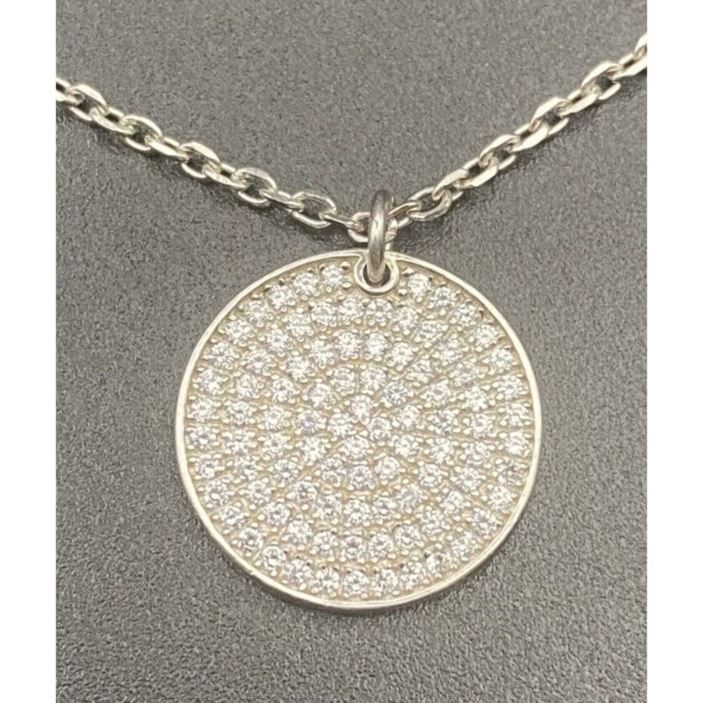 Sterling Silver 16+2” Necklace Pave Cubic Zirconia Circle Pendant 3.7 grams Moon - Picture 3 of 7